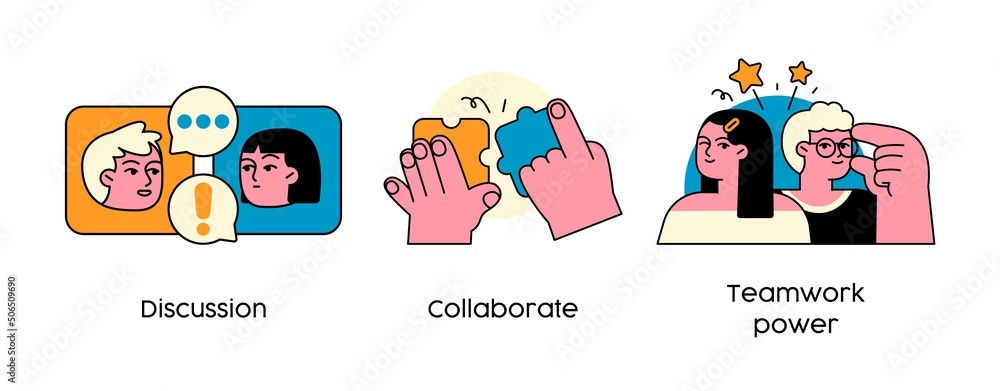Poster strategies to build collaborative teams - set of abstract business concept illustrations. discussion