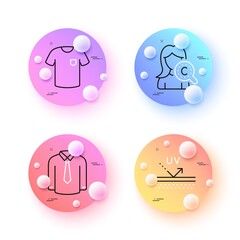 Shirt, Collagen skin and Uv protection minimal line icons. 3d spheres or balls buttons. T-shirt icons. For web, application, printing. Casual wear, Skin care, Short sleeves shirt. Vector