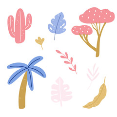 Vector illustration set of cute childish stickers pink cactus, palm tree, african pink locust, leaves in cartoon style
