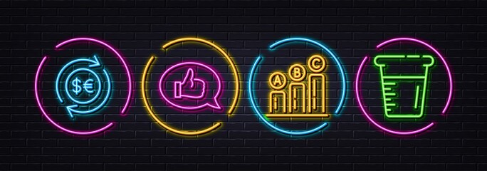 Feedback, Money currency and Graph chart minimal line icons. Neon laser 3d lights. Cooking beaker icons. For web, application, printing. Speech bubble, Cash change, Growth report. Water. Vector