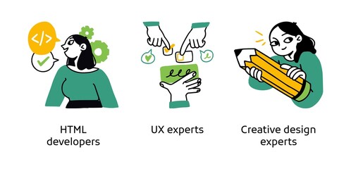 Web application development experts - abstract business concept illustrations. HTML developers, UX experts, Creative designers. Visual stories collection