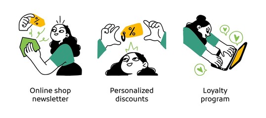 Online shop customer loyalty program - set of business concept illustrations. Shop newsletter, Personalized discounts, Loyalty program. Visual stories collection. - obrazy, fototapety, plakaty