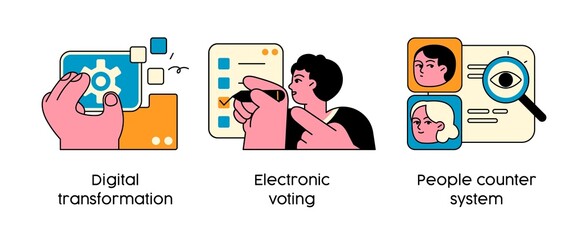 Modern technology to improve government performance - concept illustrations. Digital transformation, Electronic voting, People counter system. Visual stories collection