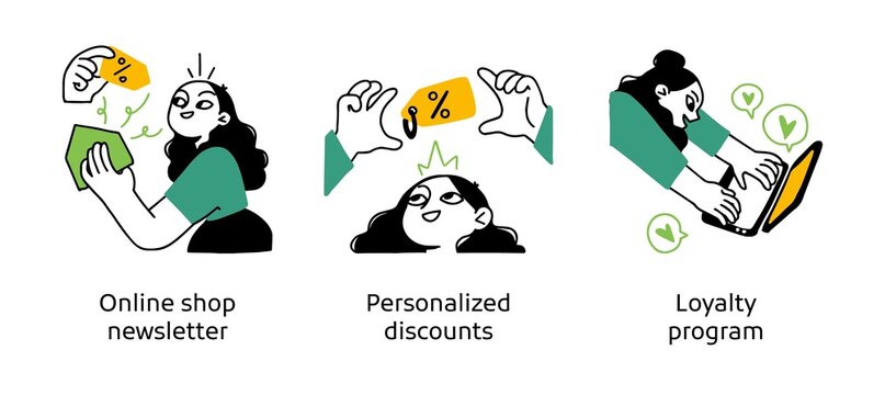 Online shop customer loyalty program - set of business concept illustrations. Shop newsletter, Personalized discounts, Loyalty program. Visual stories collection.