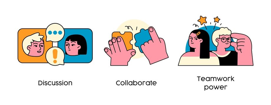 Strategies to Build Collaborative Teams - set of abstract business concept illustrations. Discussion, Collaborate, Teamwork power. Visual stories collecction.