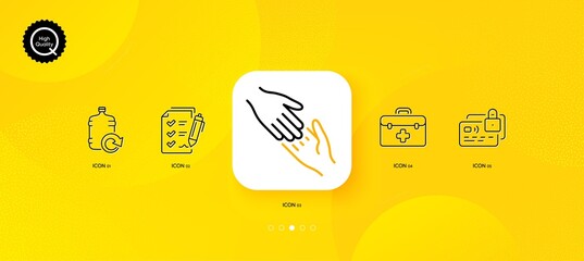 Fototapeta na wymiar Card, Helping hand and First aid minimal line icons. Yellow abstract background. Survey checklist, Refill water icons. For web, application, printing. Bank payment, Give gesture, Medicine kit. Vector