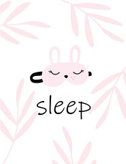 Card children pink bunny sleep mask with pink twigs on background in cartoon style