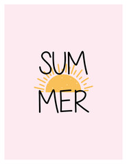 Card sun, dawn, sunset on pink background with text in flat style, vector illustration for sticker