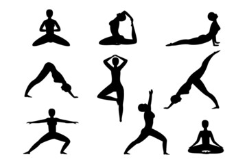 Set of yoga asanas on isolated white background. Flat vector illustration.