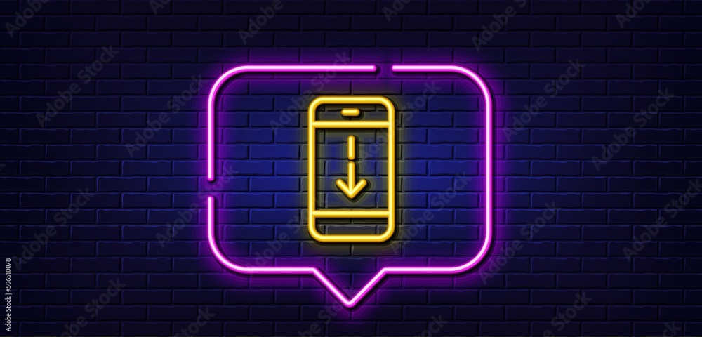 Poster neon light speech bubble. scroll down phone line icon. scrolling screen sign. swipe page. neon light