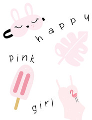 Obraz na płótnie Canvas Summer travel set of pink things sleep mask, monstera leaf, ice cream, flamingo swimsuit. Vector illustration cute stickers in cartoon style