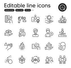 Set of People outline icons. Contains icons as Employee hand, Businesswoman person and Add person elements. Face accepted, Engineering team, Hold box web signs. Budget accounting. Vector