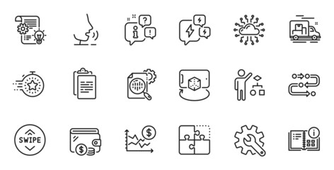 Outline set of Augmented reality, Wallet and Algorithm line icons for web application. Talk, information, delivery truck outline icon. Include Dollar rate, Clipboard, Instruction info icons. Vector