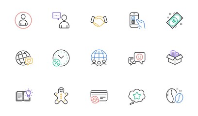 Mobile survey, World brand and Smile line icons for website, printing. Collection of Handshake, Avatar, Users chat icons. Loan percent, Money box, Coffee beans web elements. Euro money. Vector