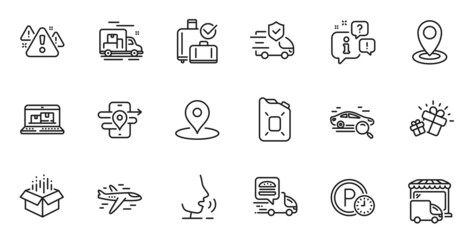 Outline set of Airplane, Gps and Parking time line icons for web application. Talk, information, delivery truck outline icon. Include Location, Baggage reclaim, Delivery truck icons. Vector