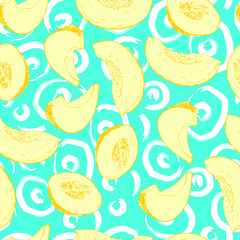 melon pieces and abstract circles brush strokes vector seamless pattern