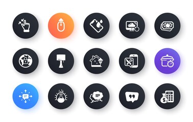 Minimal set of Swipe up, Quote bubble and Food app flat icons for web development. Recovery cloud, Table lamp, Lock icons. Boiling pan, Touchscreen gesture, Chemistry experiment web elements. Vector