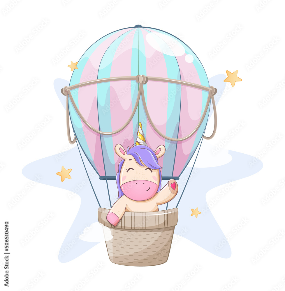 Wall mural Cute unicorn flying in hot air balloon