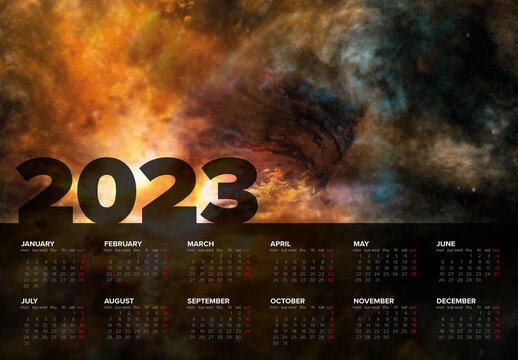 Dark Full Year Calendar Layout for the Year 2023 (Monday First Day)