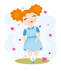 little curly red-haired girl in a blue dress