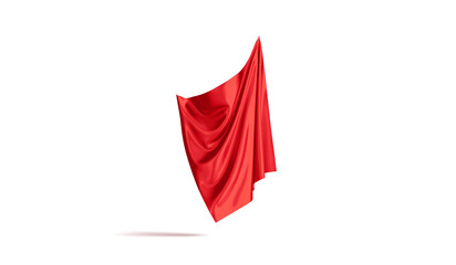Blank red folded fabric hanging on corner mockup, no gravity
