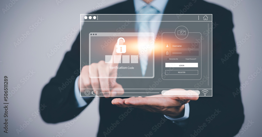 Poster businessman touch graph scan the protection system cyber security, login, user, identification infor
