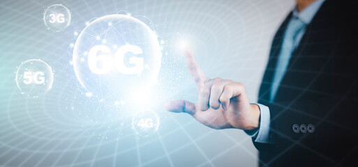 Global network connection 6G on hand woman.Global network connection 6G with icon concept, technology network wireless systems and internet of things, new technologies coming up in the future.