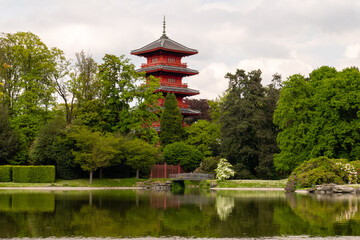 Brussels, Belgium, May 4, 2022. View of the Japanese Tower from the garden of the royal castle of Laeken. The Japanese tower would be an authentic Japanese pagoda.