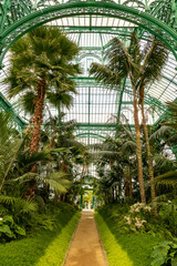 Brussels, Belgium, May 4, 2022. Royal Greenhouses of Laeken, Royal Castle of Laeken.Classical style greenhouses designed by Alphonse Balat in 1873 with pavilions, domes and galleries.