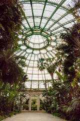 Brussels, Belgium, May 4, 2022. Royal Greenhouses of Laeken, Royal Castle of Laeken.Classical style greenhouses designed by Alphonse Balat in 1873 with pavilions, domes and galleries.