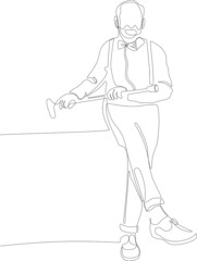 Continuous one line drawing of full length profile of an active grandpa moving dance pensioner party use walk stick raise leg. Vector illustration