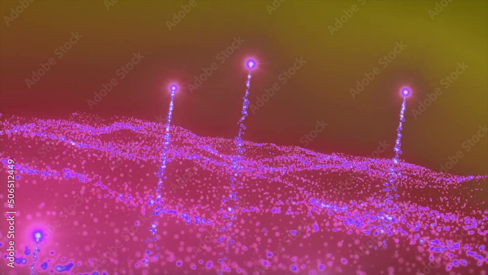 Poster bright rotating stream with luminous particles. motion. wavy stream of luminous particles with stars