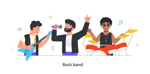 Group portrait of music band. Brutal team of musicians and vocalists performing in rock or indie style. Men and woman with drums and electric guitar. Cartoon flat vector illustration in doodle style