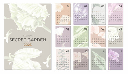 2023 calendar template on a botanical theme. Modern calendar design concept with abstract seasonal flowers. Set of 12 months 2021 pages. Vector illustration - obrazy, fototapety, plakaty