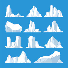 Floating icebergs collection. Drifting arctic glacier, block of frozen ocean water. Icy mountains with snow. Melting ice peak. Antarctic snowy landscape. South and North Pole. Vector illustration. - obrazy, fototapety, plakaty