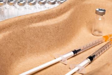 Two injection cutlery in a kidney shell against a background of ampoules