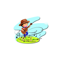 Obraz na płótnie Canvas Cartoon doodle a boy playing guitar with melody symbols Free Vector