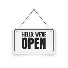 Realistic open hanging signboard. Vintage door sign for cafe, restaurant, bar or retail store. Announcement banner, information signage for business or service. Vector illustration