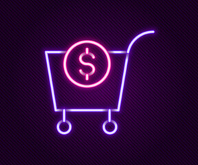 Glowing neon line Shopping cart and dollar symbol icon isolated on black background. Online buying concept. Delivery service. Supermarket basket. Colorful outline concept. Vector © Kostiantyn