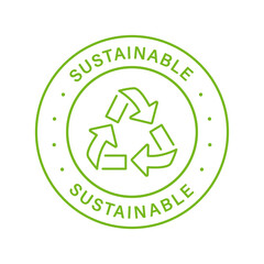 Sustainable Line Green Stamp. Sustainability Nature Outline Sticker. Eco Recycle Label. Arrow Sustainable Symbol. Biodegradable Food Product Seal. Zero Waste Sign. Isolated Vector Illustration