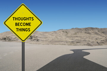 Thoughts Become Things motivational quote for manifestation.