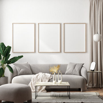 Mock up posters frame in modern interior background, living room, Scandinavian style, 3D render, 3D illustration.
