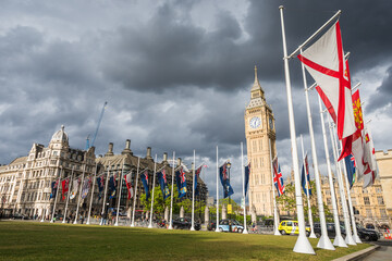 Commonwealth flags in front of Big Ben - 506513840