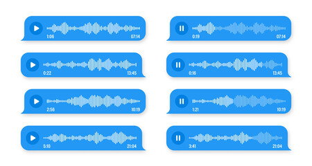 Obraz premium Voice, audio message, speech bubble. SMS text frame. Social media chat or messaging app conversation. Voice assistant, recorder. Sound wave pattern. Vector illustration