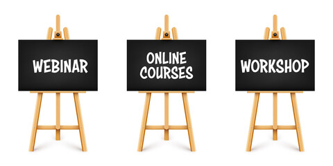 Realistic paint desk with text on black canvas. Wooden easel and a sheet of drawing paper. Presentation board on a tripod. Distance education, online courses and e-learning. Vector illustration