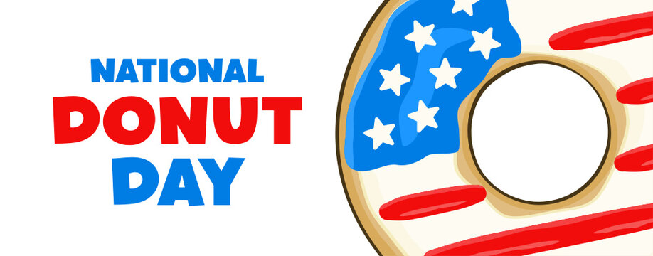 National Donut Day lettering with glazed donut in the colors of the USA flag. Banner concept. Vector. Isolated on white background