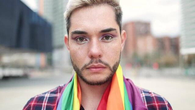 Gay man wearing make-up outdoor - LGBTQ diversity concept