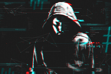 Computer hacker and cyber criminal concept, digitally enhanced image with grunge and glitch effect