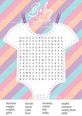 Baby shower word search puzzle game.  Printable party card. Activities ideas supplies. 