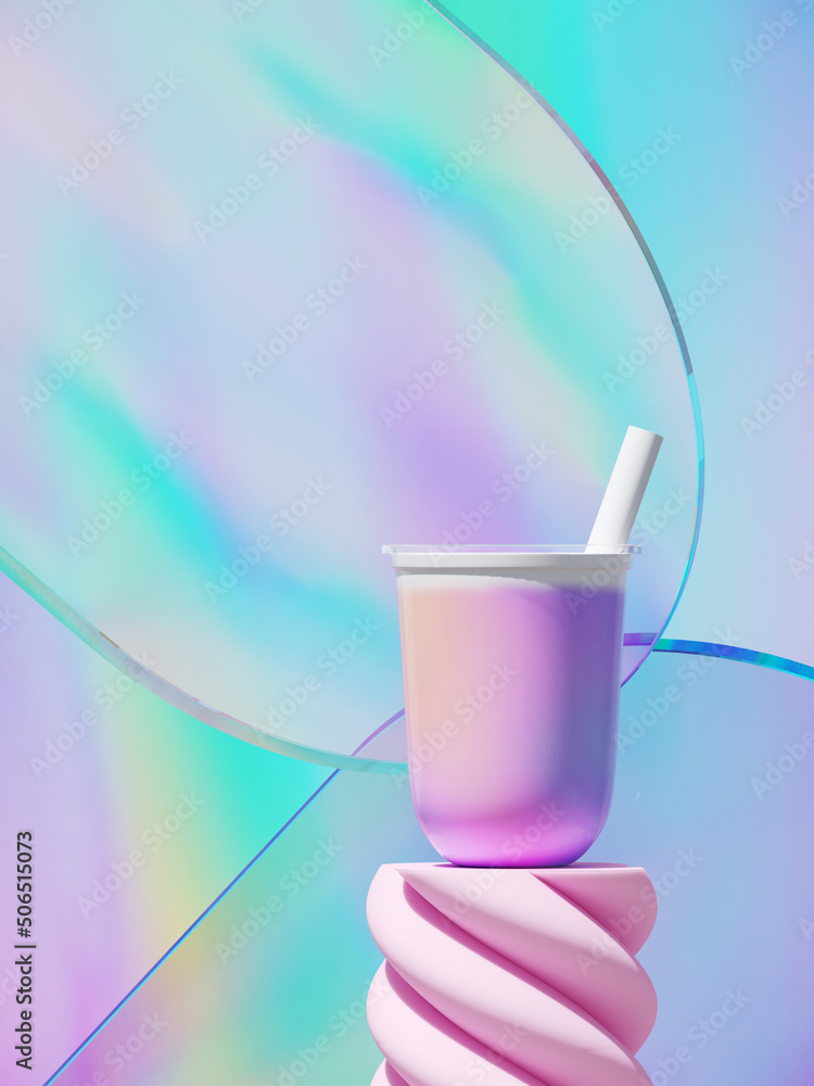 Poster minimal abstract background for product presentation. beverage podium on iridescent holographic glas